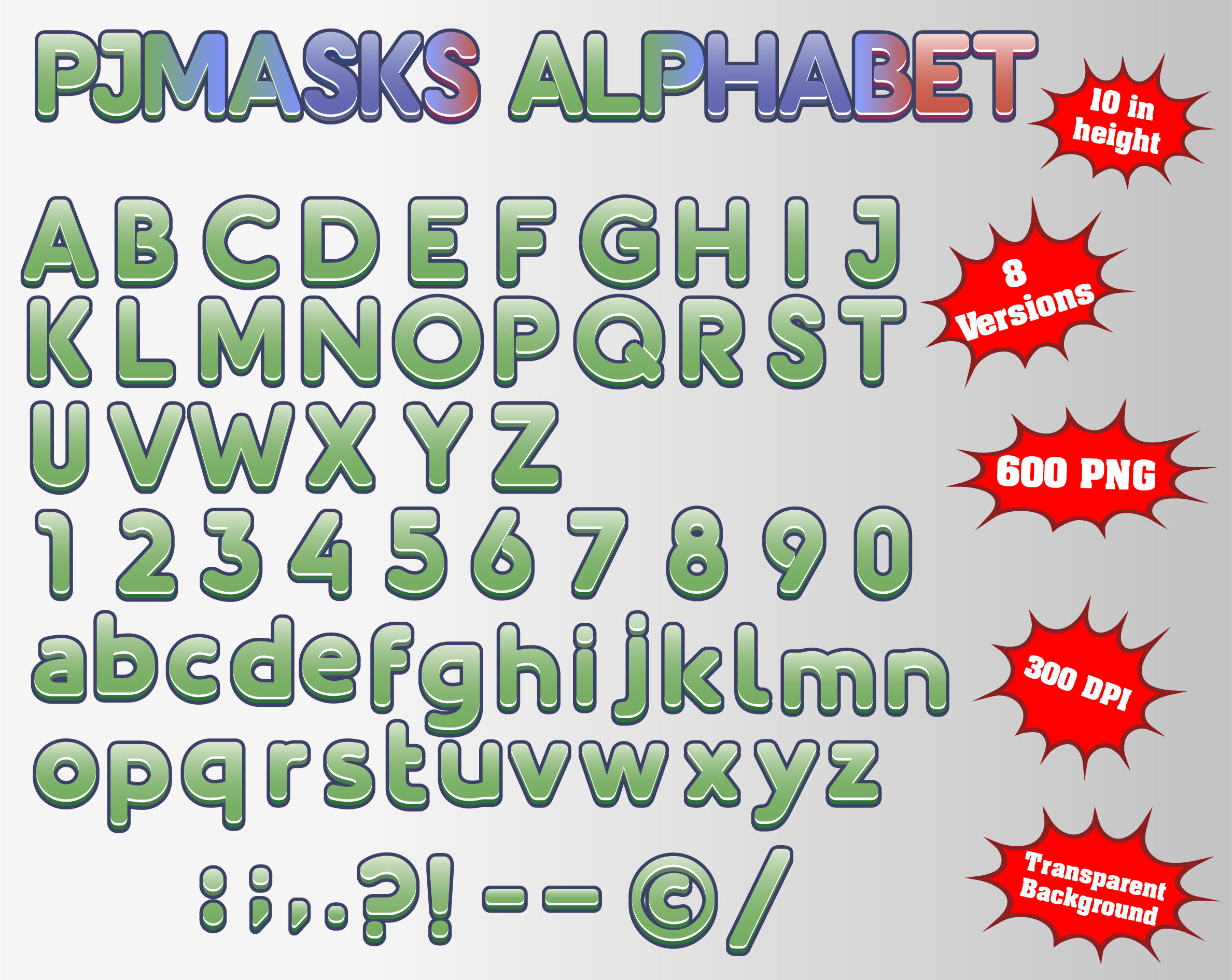 Pj Masks Alphabet Numbers and Symbols 600 PNG 300 dpi Etsy