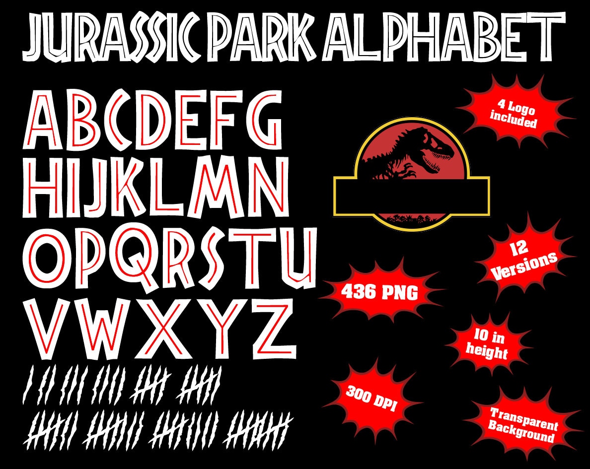 jurassic park alphabet and numbers 436 png 300 dpi etsy