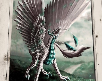 Póster de dragón blanco - Pintura fantástica - Criaturas míticas - Póster de dragón - Arte animal caprichoso - Decoración del hogar