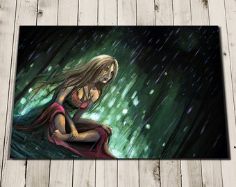 ゴス女性アートプリント - 雨アート - 孤独 - 感情アート - ダークアート - 女性絵画プリント - ダークファンタジーアート - 雨プリント - 勇敢な