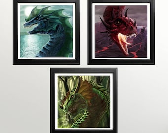 Dragon Gift - Print Set of 3 - Dragon Lover Gift - Fantasy Print Set - Dragon Wall Art - Dragon Nursery Art - Dragon Picture - Frame not inc