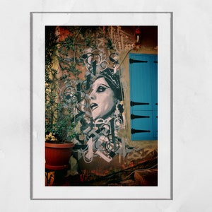 May include: A black and white graffiti mural of a woman's face on a building with a blue wooden door. The mural is surrounded by green vines and a potted plant.