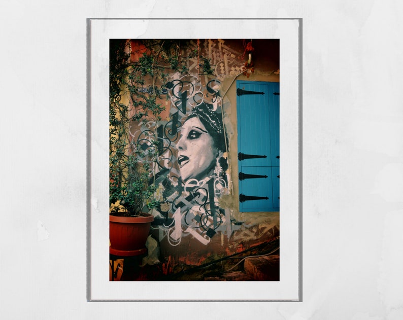 May include: A black and white graffiti mural of a woman's face on a building with a blue wooden door. The mural is surrounded by green vines and a potted plant.