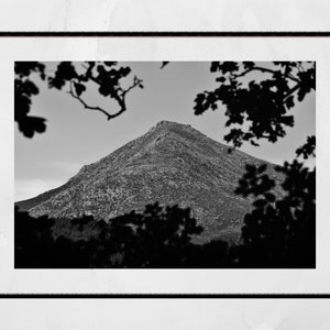 May include: A black and white photograph of a mountain peak framed by silhouetted trees.