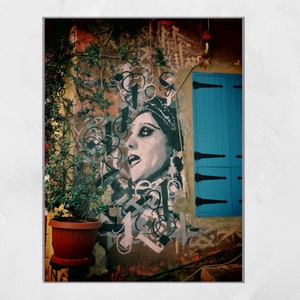 May include: A black and white mural of a woman's face with a blue door in the background. The mural is painted on a brick wall with green vines growing up the side.