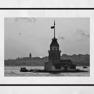 Istanbul Maiden&#39;s Tower Sunset Galata Tower Black And White Photography Print Wall Art