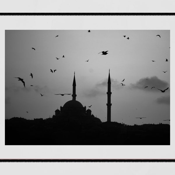 Istanbul Süleymaniye Mosque Sunset Black And White Poster Photography Print