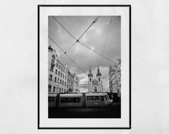 Prague Print Black And White Tram Photography Poster