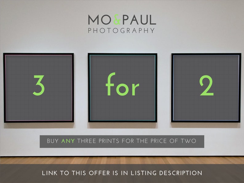 May include: Three framed prints with the numbers 3 and 2, and the word "for" in between. The text "BUY ANY THREE PRINTS FOR THE PRICE OF TWO" is below the prints. The photography studio's name is at the top.