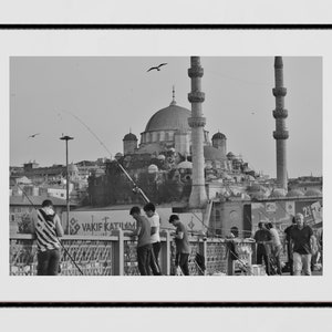 Istanbul Galata Bridge Fishing Süleymaniye Mosque Black And White Photography Print Poster
