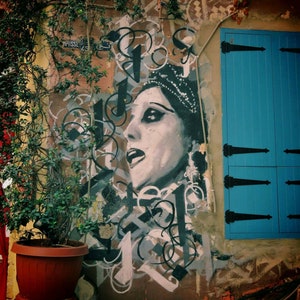 May include: A colorful street art mural with a woman's face painted in black and white. The mural is on a building with a blue door and a green plant in a brown pot.
