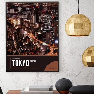 May include: A poster with a nighttime aerial view of Tokyo, Japan. The poster has the text "Streets of Tokyo 東京 都" and "View from Roppongi Hills 六本木ヒルズ".