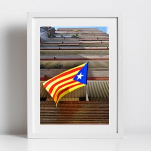 Peut inclure: Un drapeau jaune, rouge et bleu avec une étoile blanche est accroché à un bâtiment. Le drapeau flotte au vent.