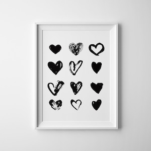 Black and white nursery decor - hearts - nursery or playroom wall art print - scandinavian minimalist wall art printable for child's room