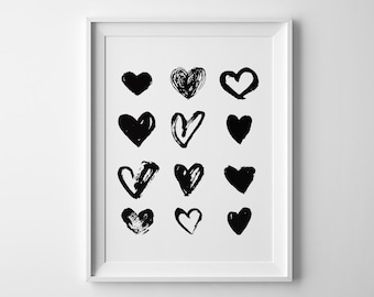 Black and white nursery decor - hearts - nursery or playroom wall art print - scandinavian minimalist wall art printable for child's room