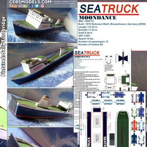 Puede incluir: Maqueta del ferry "Sally Eurobridge" con el nombre "SALLY" en el lateral. El modelo es azul, blanco y verde, con el texto "SEATRUCK" visible. El modelo mide 112,32 metros de largo.