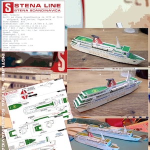 Puede incluir: Maqueta del ferry Stena Line, Stena Scandinavica, construido en 1973. El modelo es blanco con detalles verdes y rojos, y el texto "STENA LINE" es visible. La imagen también incluye diagramas y texto sobre el barco.