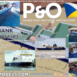 Puede incluir: Imagen de un modelo de barco, el Norbank, con el texto "P&O" y "Double Pack: New Livery and Old Livery." La imagen incluye dimensiones de 166,77 metros x 23,40 metros x 5,80 metros. La imagen también incluye el texto "CEBSMODELS.COM" e iconos de redes sociales.