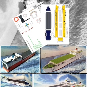 May include: A collage of paper model ferries, including a red and white ferry with the text "TOWNSEND THORESEN". The image also shows a paper model of a ferry with a blue top and yellow sides, and a sheet with ferry diagrams.