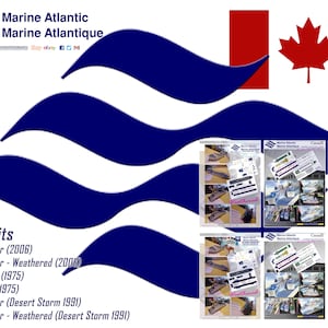 May include: Image features six model kits from Marine Atlantic. The kits include Atlantic Freighter and Marine Nautica models, with weathered versions available. The Canadian flag is visible in the background, along with the Marine Atlantic logo and website.