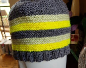 Multi-striped handknit beanie hat for adults in grey, lime green and yellow