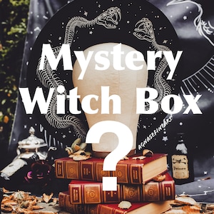 May include: A black and white illustration of a snake skeleton with stars on a black background. The text "Mystery Witch Box" is written in white letters on top of the illustration. A question mark is below the text. The image is surrounded by books, a bottle, and fall leaves.