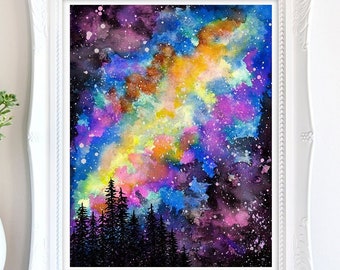 Northern Lights Watercolor Art Print | Aurora Borealis Painting | Watercolor Galaxy Art | Starry Sky Night Painting by Rachel Marquardt Art