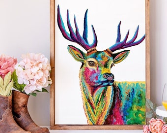 Watercolor Deer Art Print | Deer Painting | Deer Artwork | Colorful Deer Art | Buck Art Print | Forest Animal Art by Rachel Marquardt Art