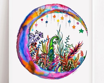 Moon Art Print | Crescent Moon Art | Colorful Moon Painting | Celestial Artwork by Rachel Marquardt Art