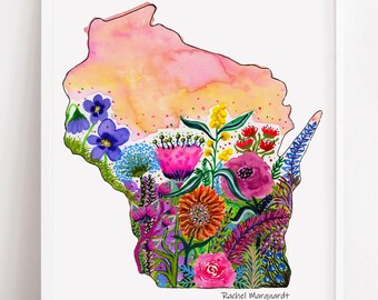 Wisconsin Watercolor Map Print: Floral State Art by Rachel Marquardt