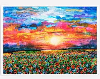 Wildflower Field Landscape Print | Floral Wall Art | Watercolor Sunset Painting | Field of Flowers | Garden Art by Rachel Marquardt Art