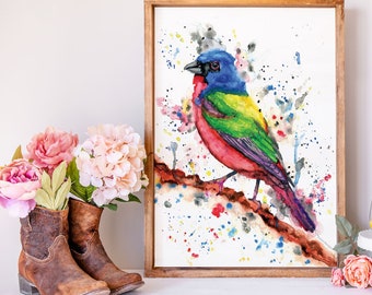 Painted Bunting Watercolor Print, Watercolor Bird Painting, Bird Art, Colourful Bird Decor, Bird Painting by Rachel Marquardt Art