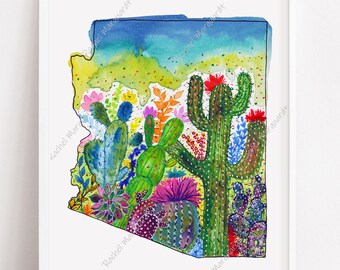 Arizona Watercolor Art Print: Saguaro Cactus Landscape by Rachel Marquardt