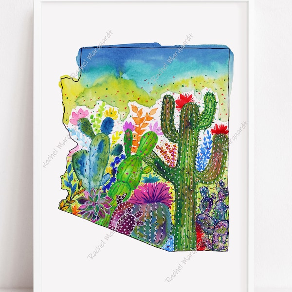 Arizona Watercolor Art Print: Saguaro Cactus Landscape by Rachel Marquardt
