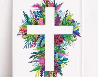 Floral Cross Print | Easter Cross Art | Catholic Decor | Christian Gifts | Resurrection Cross | He Is Risen Print by Rachel Marquardt Art