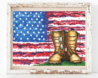 Watercolor Combat Boots Art Print | Patriotic Wall Art | Memorial Day | Veteran Gift | American Flag Art Print by Rachel Marquardt Art