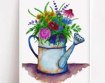 Floral Watering Can Watercolor Print: Spring Bouquet Art by Rachel Marquardt