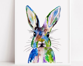 Watercolor Bunny Print: Colorful Rabbit Wall Art by Rachel Marquardt