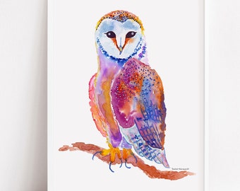 Barn Owl Watercolor Print: Colorful Bird Wall Art by Rachel Marquardt