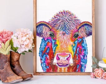 Colourful Cow Watercolor Art Print | Cow Painting | Farmhouse Décor | Cow Lover Gift | Cow Decor | Farm Animals by Rachel Marquardt Art