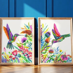 Set of 2 Hummingbird Watercolor Art Prints | Hummingbird Artwork | Bird Art Set of 2 Prints | Botanical Wall Decor by Rachel Marquardt