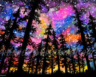 Starry Night Sky Watercolor Painting | Night Forest Art Print | Galaxy Wall Art | Pine Forest Print | Night Sky Art by Rachel Marquardt Art