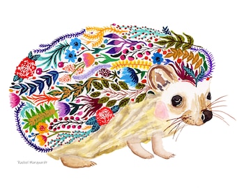 Floral Hedgehog Watercolor Art Print: Colorful Nursery Wall Decor by Rachel Marquardt Art