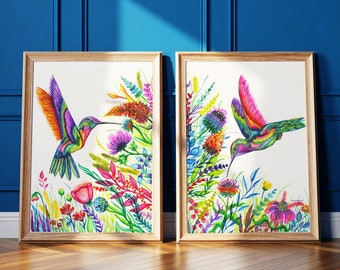 Set of 2 Hummingbird Watercolor Art Prints | Hummingbird Artwork | Bird Art Set of 2 Prints | Botanical Wall Decor by Rachel Marquardt