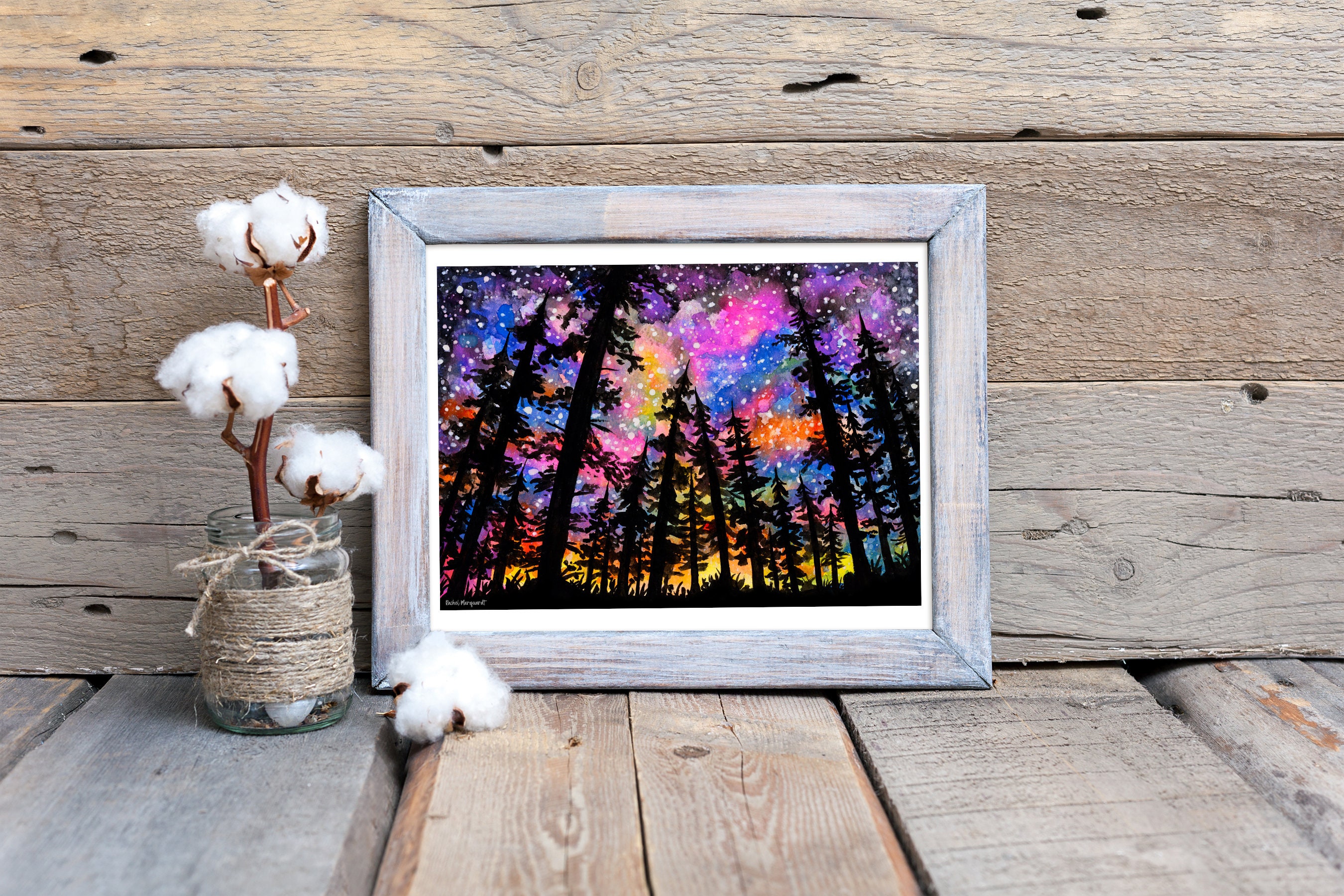 Starry Night Sky Watercolor Painting: Galaxy Pine Forest Art Print by ...