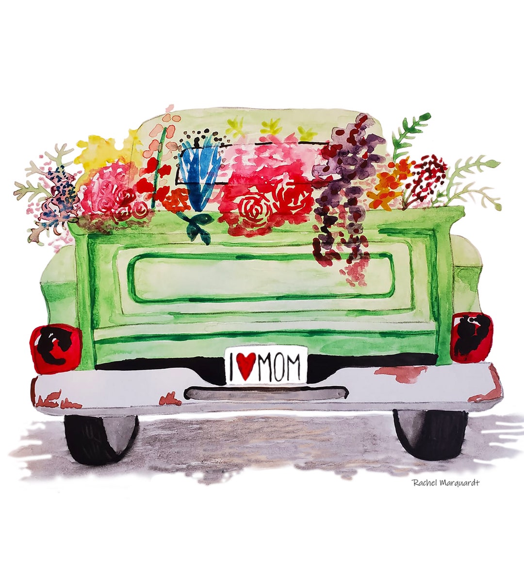 GWセール☆ TRUCK FURNITURE 草花染色　額　アートフレーム Vintage Green Truck With Flowers Art Print, “I Love Mom