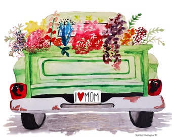 Vintage Flower Truck Print | Vintage Pickup Truck Art | Truck with Flowers Painting | Green Truck With Flowers Print by Rachel Marquardt Art