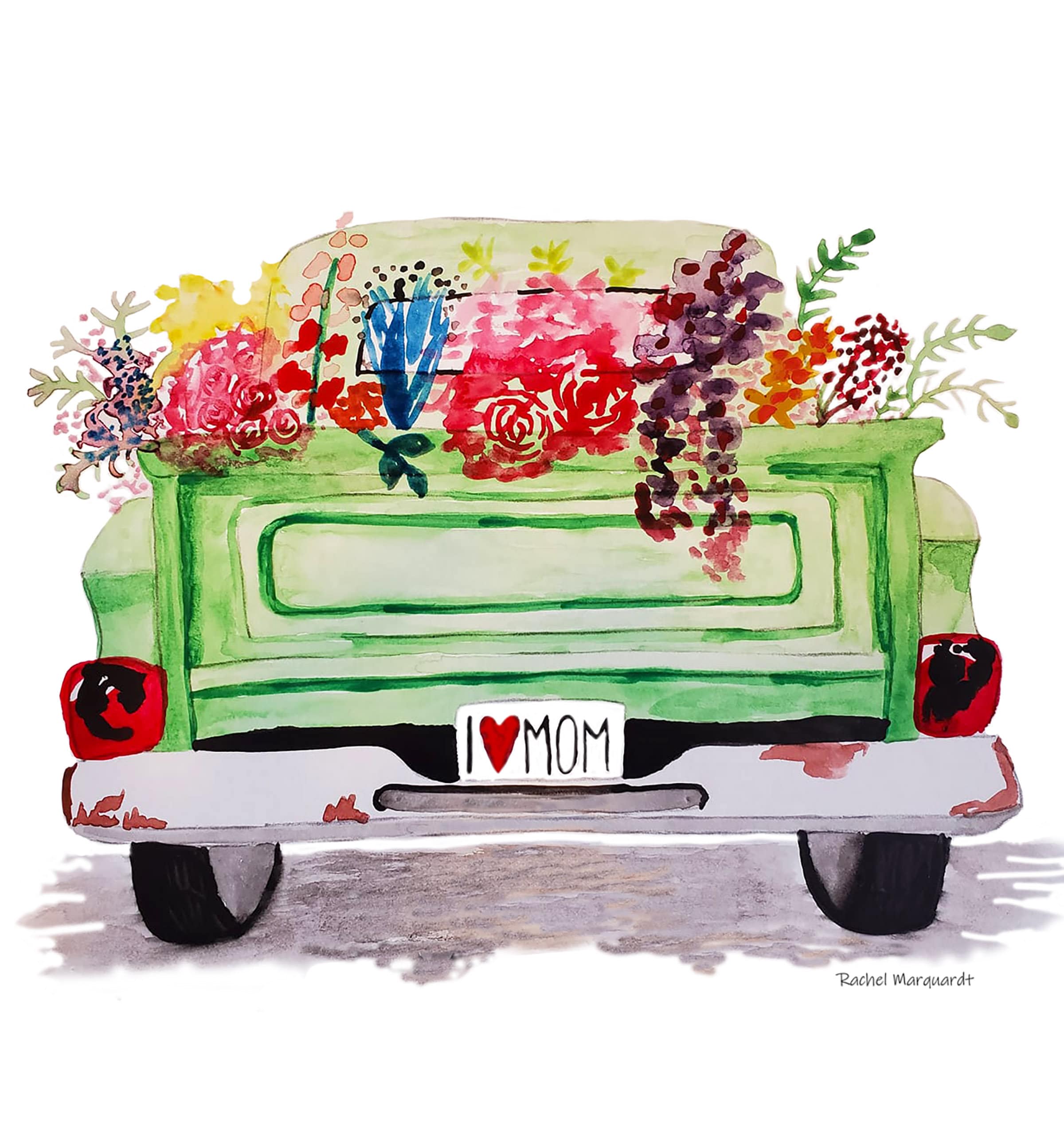 Vintage Green Truck With Flowers Art Print, “I Love Mom