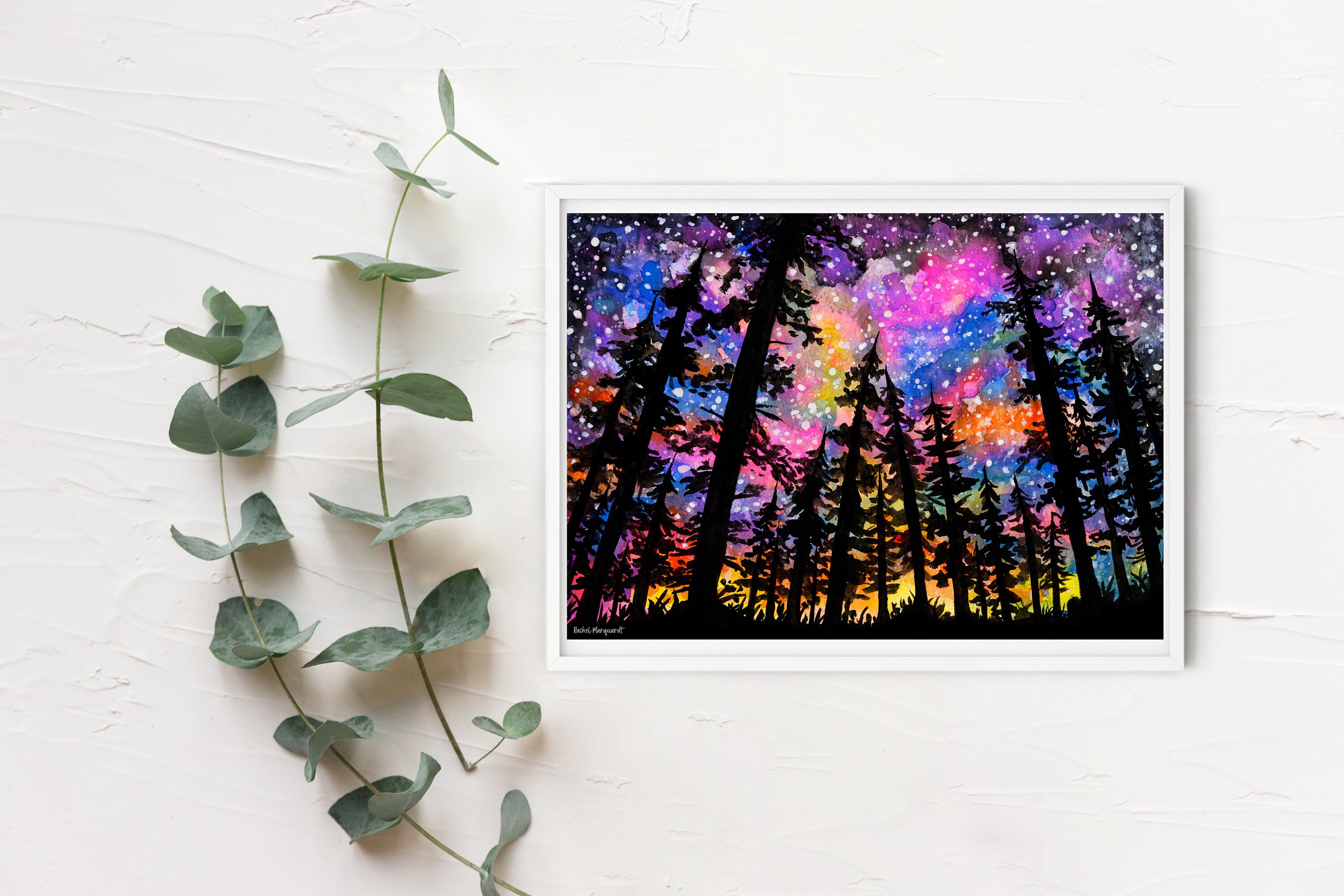 Starry Night Sky Watercolor Painting: Galaxy Pine Forest Art Print by ...