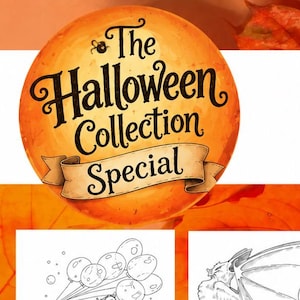 以下が含まれることがあります： The Halloween Collection Specialと題された6枚の白黒線画イラスト集。カボチャと風船、キャンディバスケットを持つコウモリ、浴槽に入った骸骨、クリーチャー、幽霊、魔女の帽子が描かれています。